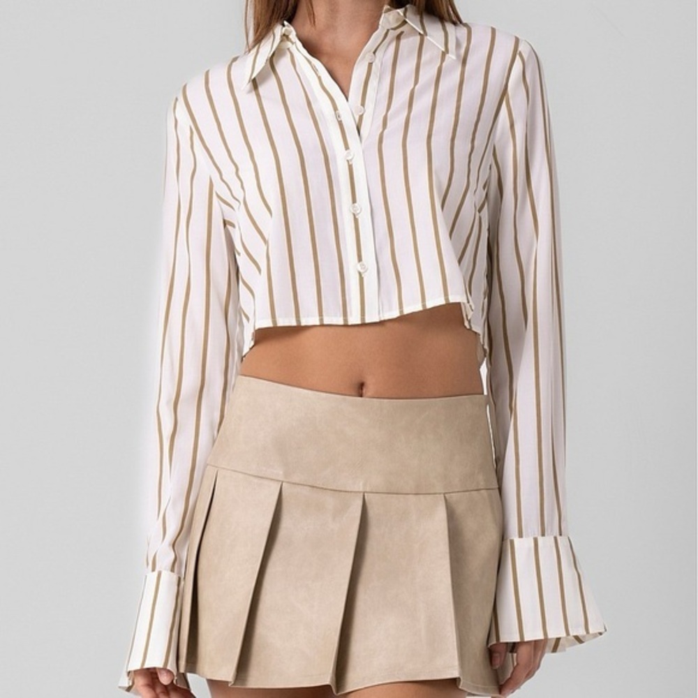 Ivory and Tan Striped Cropped Button-Down Top
